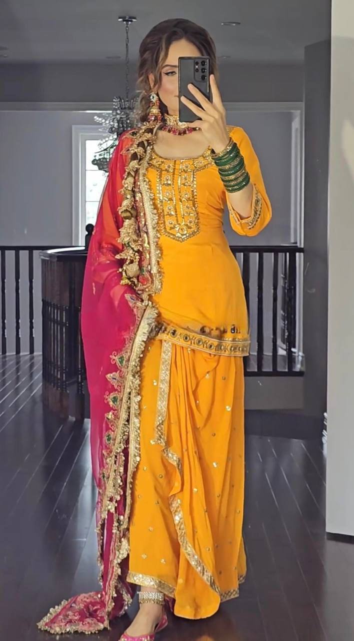Yellow Faux Georgette Punjabi Dhoti-Salwar Suit Pink / XL Yellow Faux Georgette Punjabi Dhoti-Salwar Suit Pink / XL
