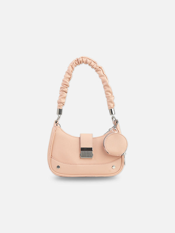 Chic Blush Pink Faux Leather Crescent Bag with Pouch