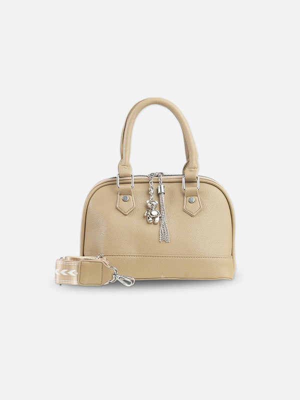 Tan Faux Leather Satchel with Tassel Charm