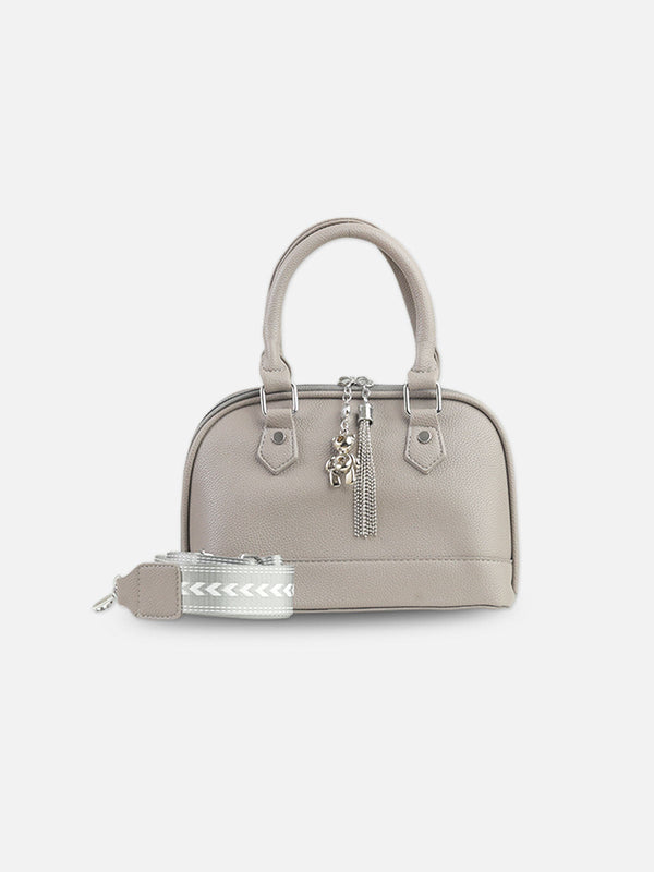Gray Faux Leather Satchel with Tassel Charm