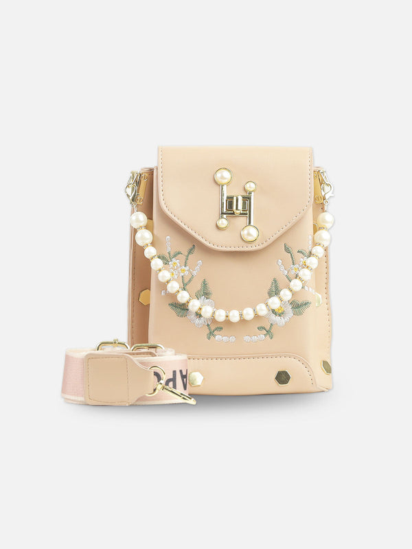 Blush Beige Faux Leather Crossbody Bag with Floral Embroidery