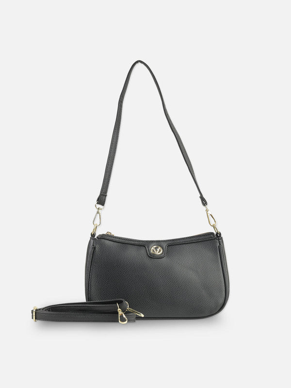 Classic Black Textured Faux Leather Shoulder Bag