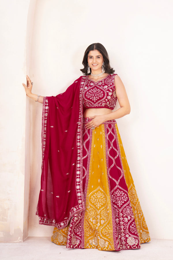 Pink Yellow Vichitra Silk Embroidered Lehenga with Dupatta and Unstitched Choli