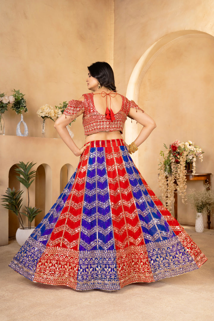 Red & Pink Faux Georgette Lehenga With Soft Butterfly Net Dupatta - Tiamgee