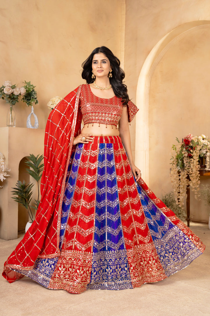 Red & Pink Faux Georgette Lehenga With Soft Butterfly Net Dupatta - Tiamgee