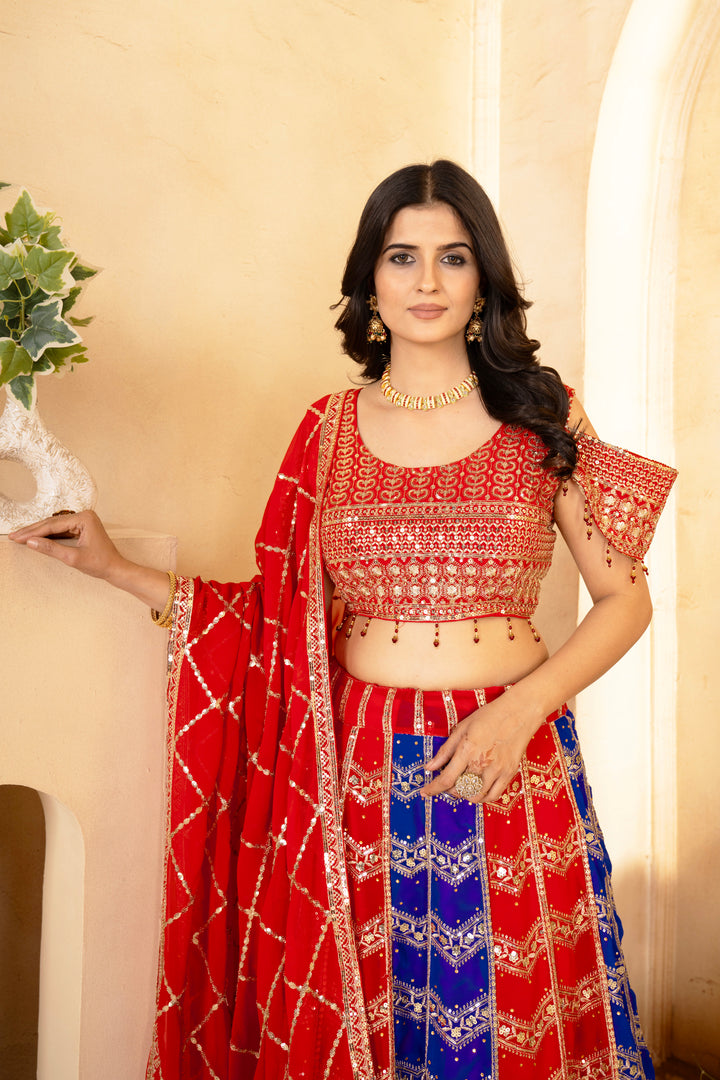Red & Pink Faux Georgette Lehenga With Soft Butterfly Net Dupatta - Tiamgee