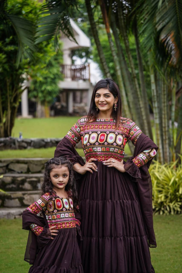 Coffee Faux Georgette Matching Gown Set for Mother and Daughter