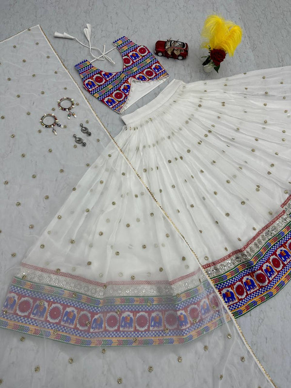 White & Black Faux Georgette Gamathi Work Chaniya-Choli