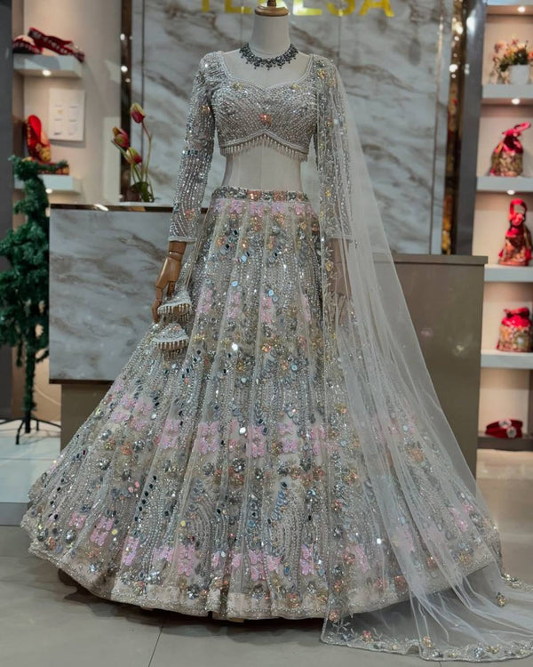 Real Mirror Work Soft Butterfly Net Bridal LehengaSet