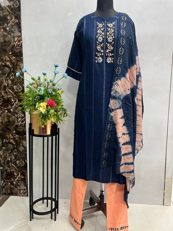 Blue & Wine Rayon Kurti Set With Chanderi Dupatta