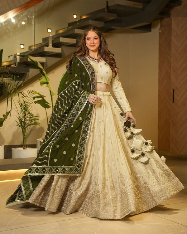 Off White Silkyani Slub Cream Lehenga Choli