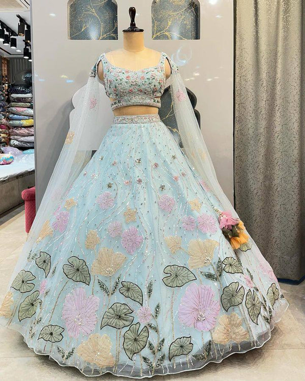 Sky Blue Organza Silk Wedding Lehenga-Choli