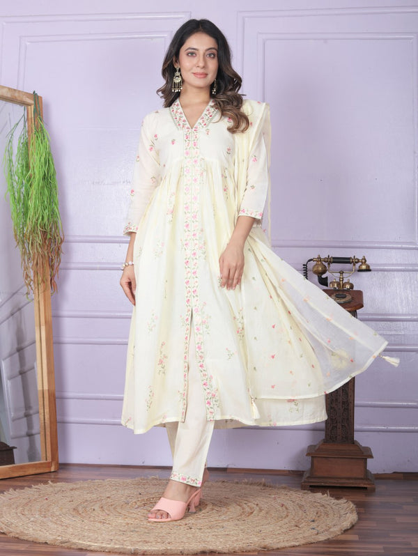 Off White Cambric Cotton Kurti Set With Soft Digital Printed Dupatta