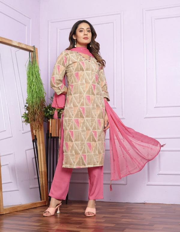 Light Pink Roman Silk Kurta Set With Organza Dupatta