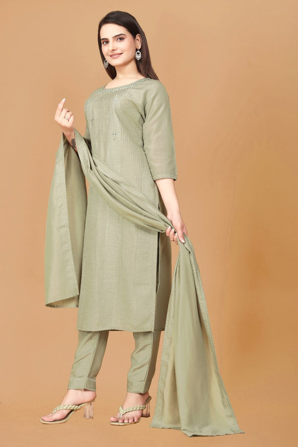 Light Green Heavy Muslin Kurti Set With Dupatta