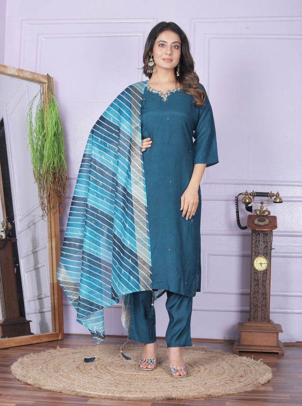 Blue Viscose Muslin Kurta Set With Jacquard Dupatta