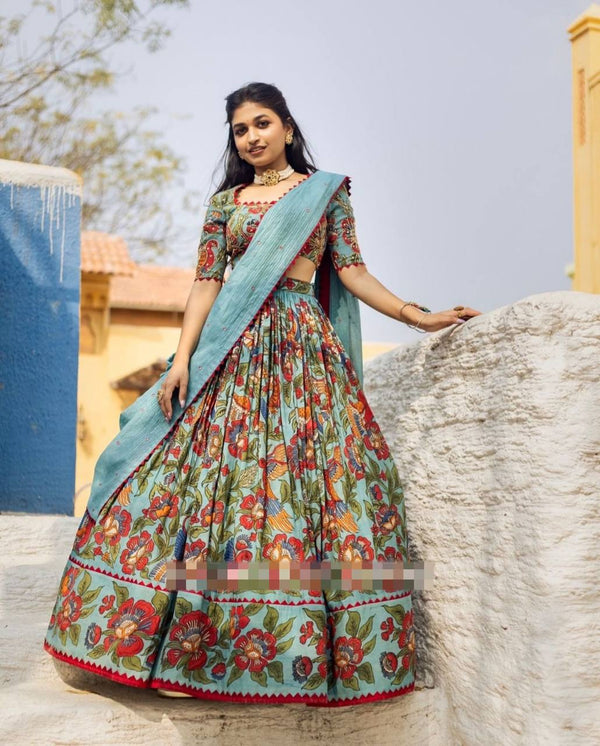 Sky Blue Chent Crepe Kalamkari Print Lehenga Choli With Faux Georgette Dupatta