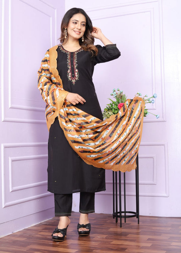 Black Roman Silk Kurta Set With Organza Dupatta