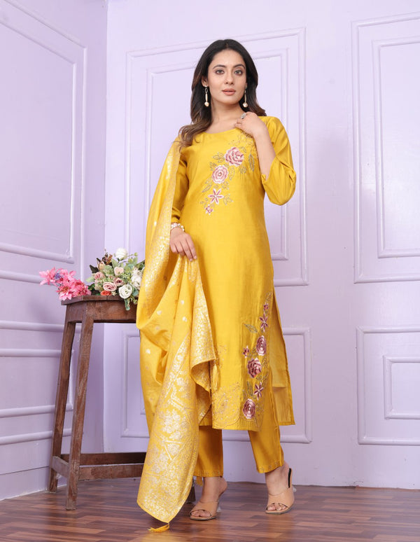 Yellow Satin Silk Kurta Set With Banarasi Dupatta