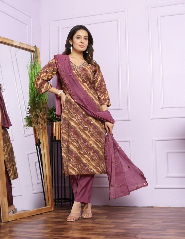 Rose Roman Silk Kurta Set With Organza Dupatta