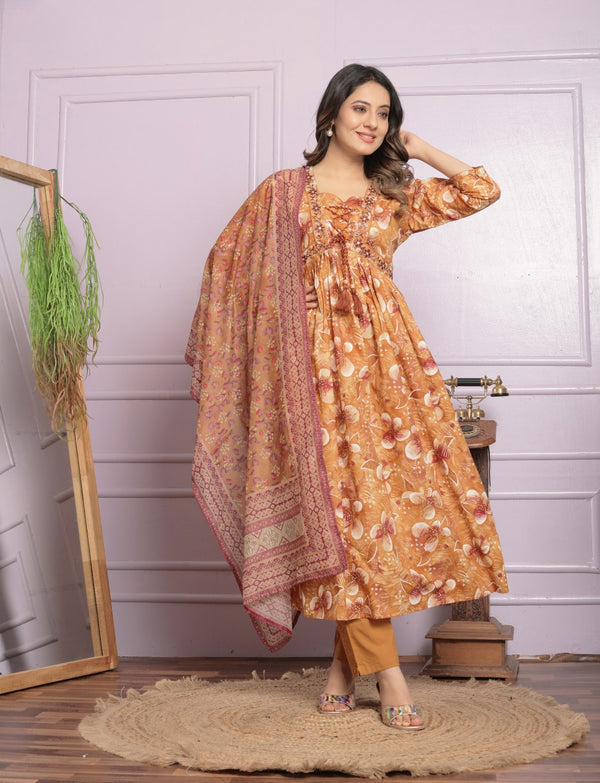 Mustard Cambric Cotton Kurta Set With Soft Digital Printed Dupatta