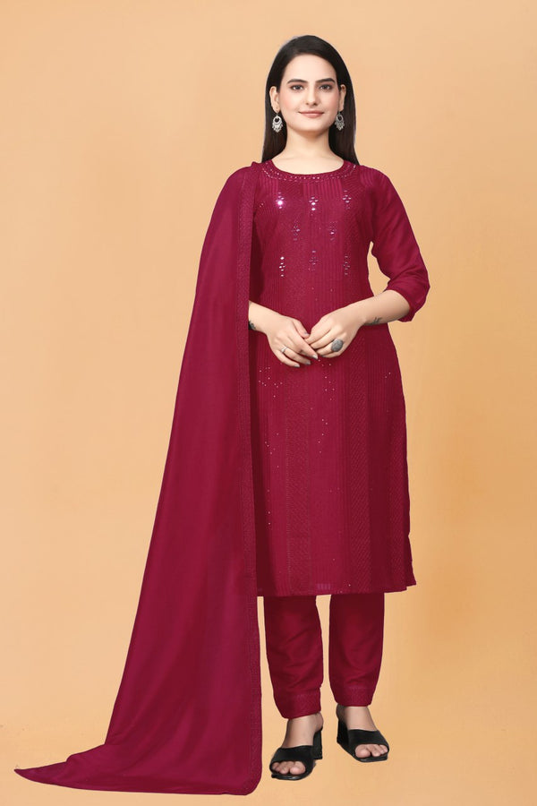 Red Heavy Muslin Kurti Set With Dupatta