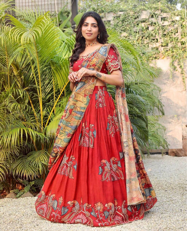 Red Chent Crepe Kalamkari Print Lehenga-Choli & Dupatta