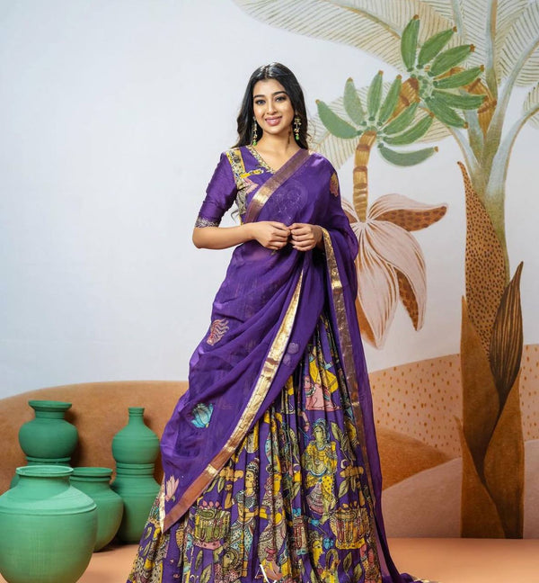 Purple Chent Crepe Kalamkari Print Lehenga Choli With Faux Georgette Dupatta