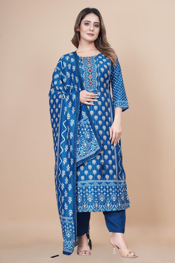 Blue Kora Muslin Kurta Set With Dupatta