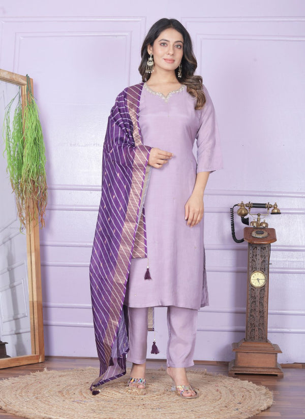 Purple Viscose Muslin Kurta Set With Jacquard Dupatta