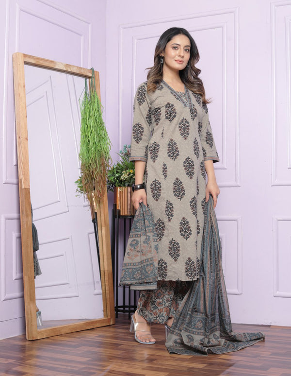 Gray Pure Cotton Kurta Set With Dupatta