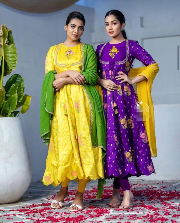 Yellow & Violet Mono Slub Fancy Gown With Dupatta