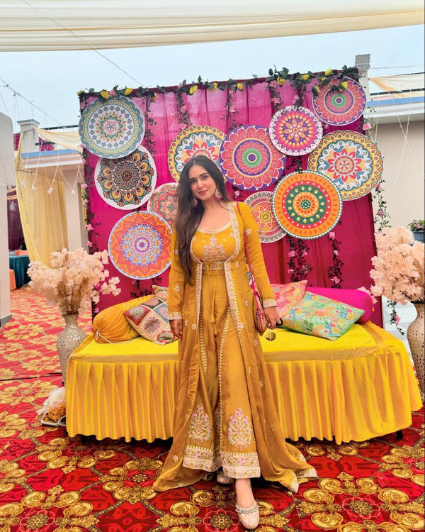 Yellow Muslin Silk Koti Choli Plazzo