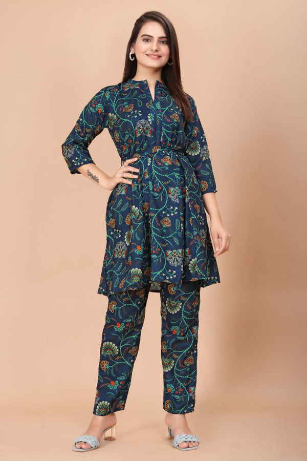 Dark Blue Muslin Silk Digital Printed Co-Ord Set