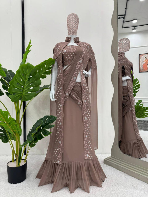 Rose Gold Faux Georgette Ready to Wear Lehenga Saree