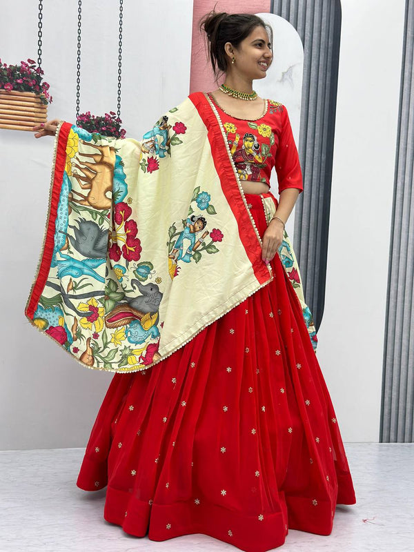 Red & Green Pure Cotton Kalamkari Printed Navratri Special Chaniya Choli