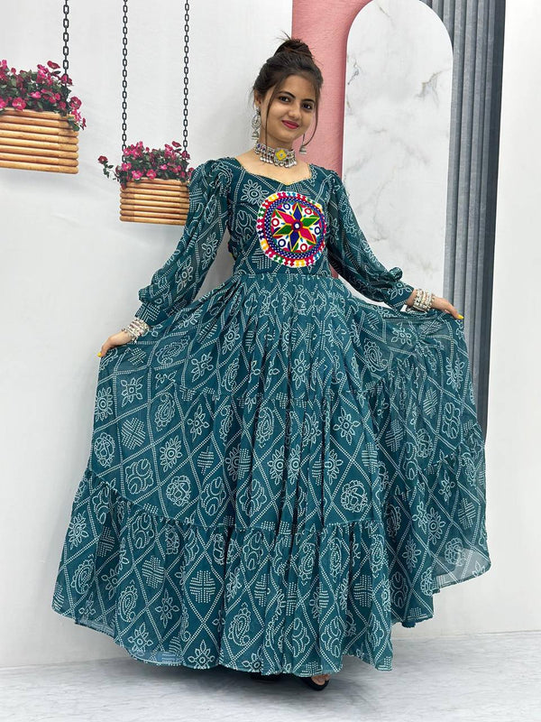 Teal & Purple Faux Georgette Navratri Special latest style Gown - Tiamgee