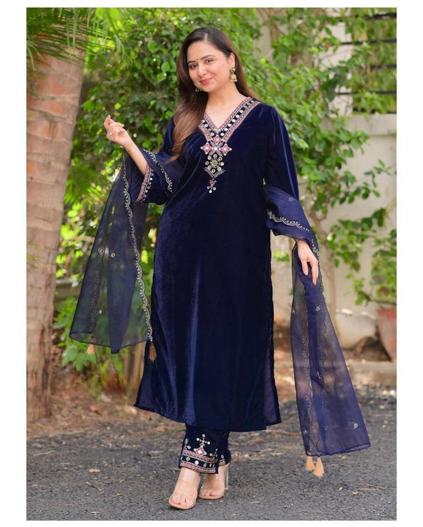 Dark Blue Velvet Anarkali Set