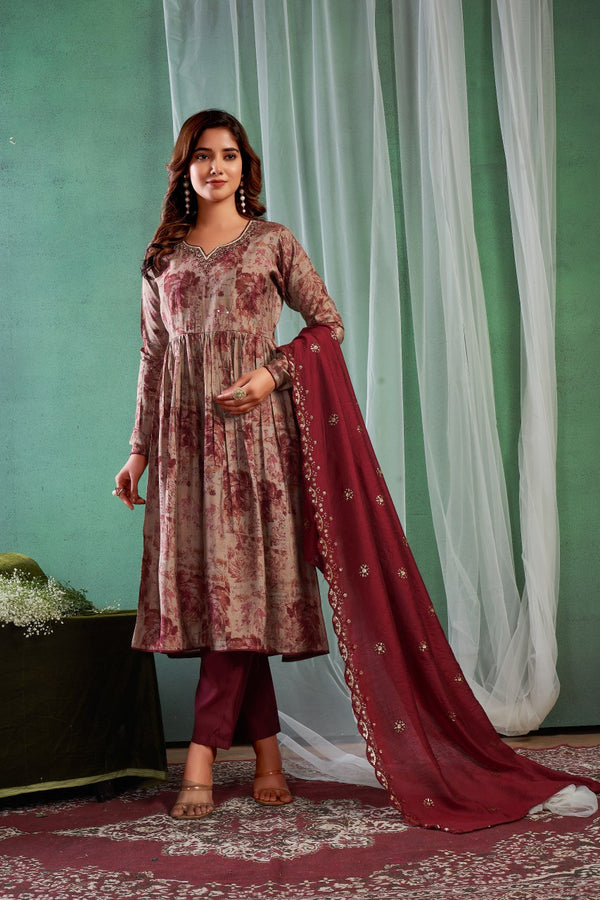 Maroon Modal Silk Kurta Set with Dupatta