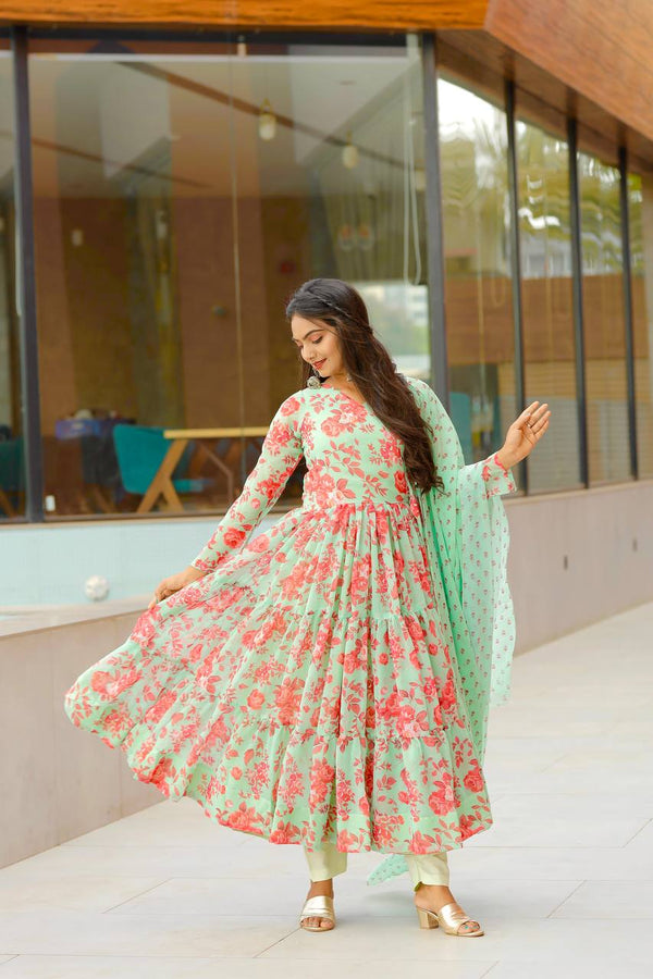 Light Green Heavy Faux Georgette Digital printed Anarkali Suit