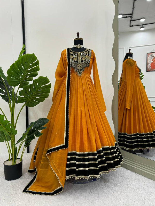 Mustard Viscos Velvet Anarkali Top with Dupatta