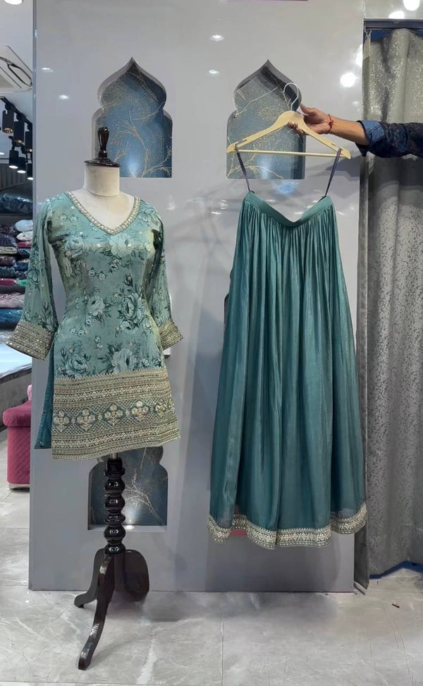 Teal Chinon Silk Long Top With Sharara And Butterfly Net Dupatta