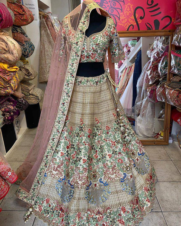 Off White Faux Georgette Bridal Lehenga Choli