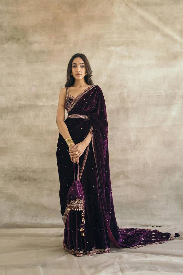 Purple Velvet Silk Coding Sequence Work Saree