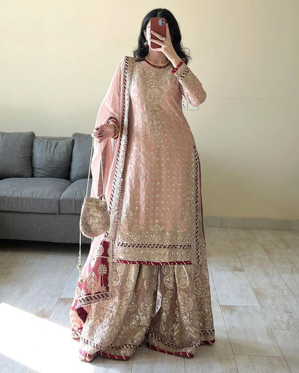 Light Pink Faux Georgette Long top Pakistani Style Sharara Suit