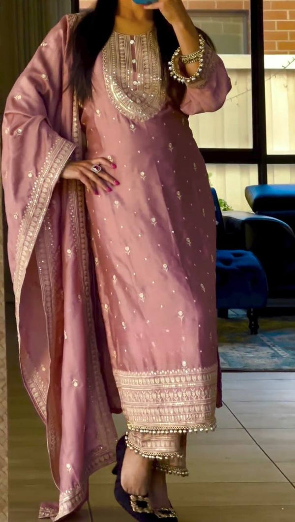 Rose Gold Chinon Silk Suit Top Pant and Dupatta