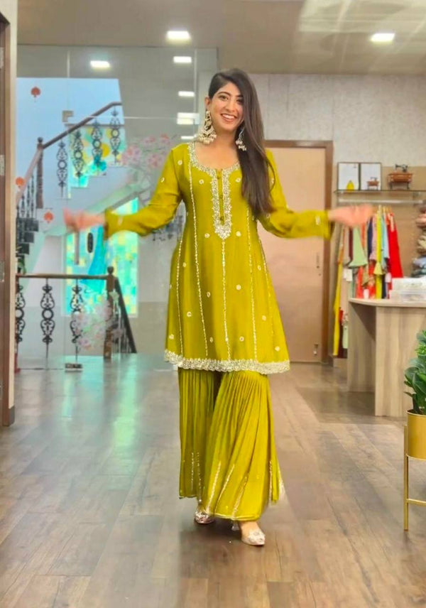 Yellow Chinon Silk Sharara Suit