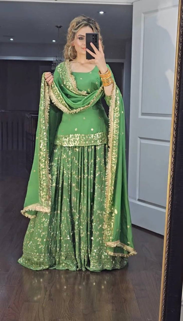 Green Heavy Faux Georgette Panjabi Lehenga Top