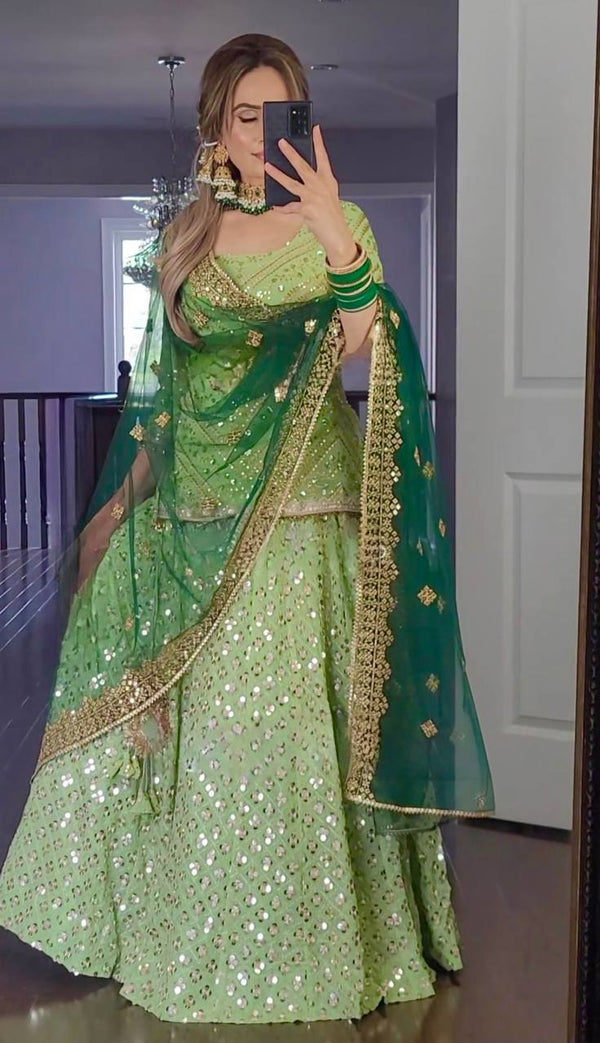 Green & Orange Heavy Faux Georgette Traditional Lehenga-Top