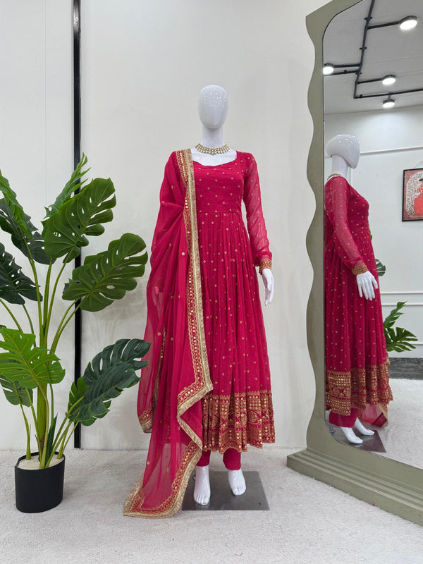Pink Faux Georgette Anarkali Gown/Top, Pent with Dupatta Suit - Tiamgee